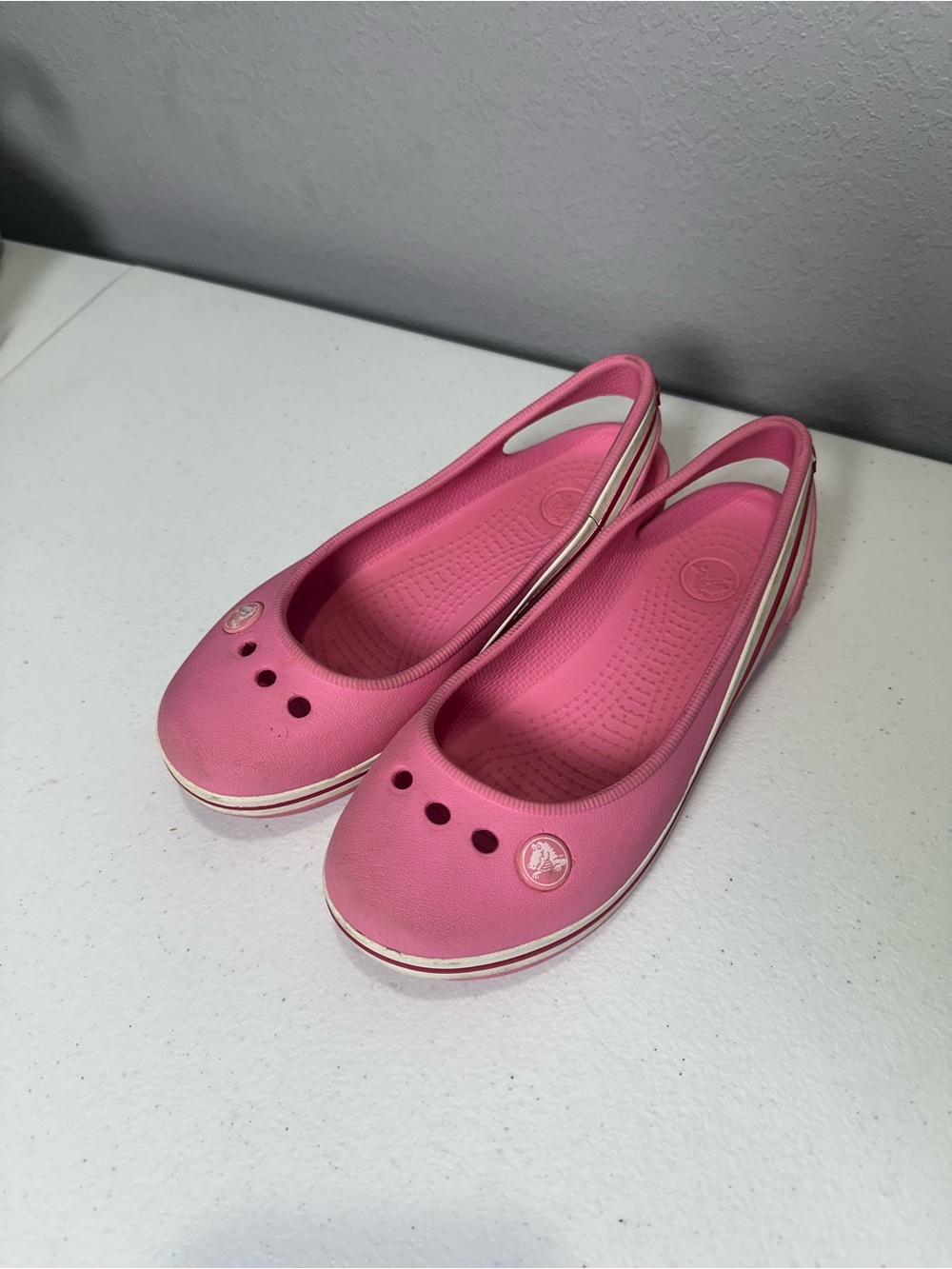 CROCS Pink Girls Slip-On Ballet Flats with White Stripe